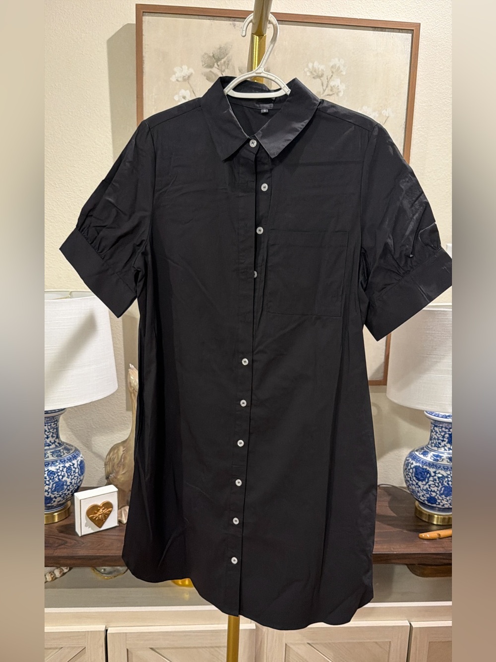 Black Short Puff-Sleeve Button-Down Shirt